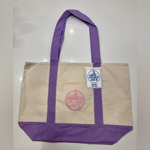 NWT LARGE Trader Joe’s Lavender Canvas Tote Bag Pink Logo Reusable Shopper
